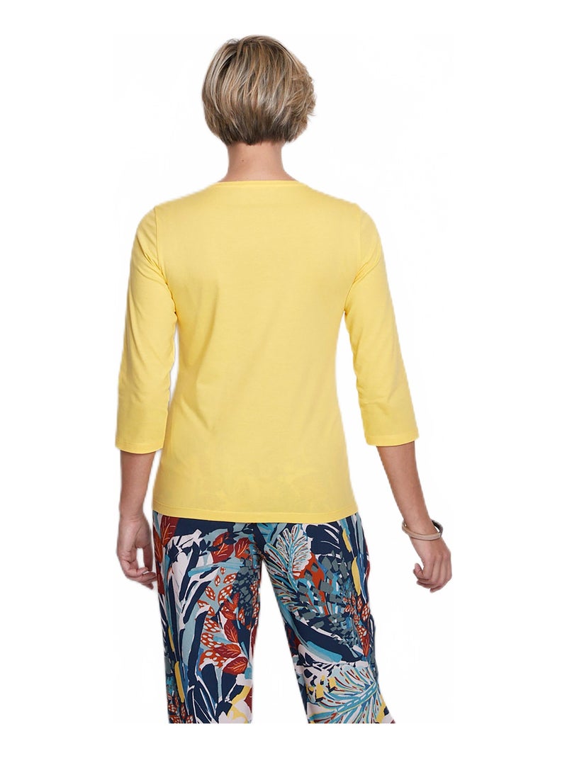 T-shirt manches 3/4 col brodé clouté Jaune - Kiabi