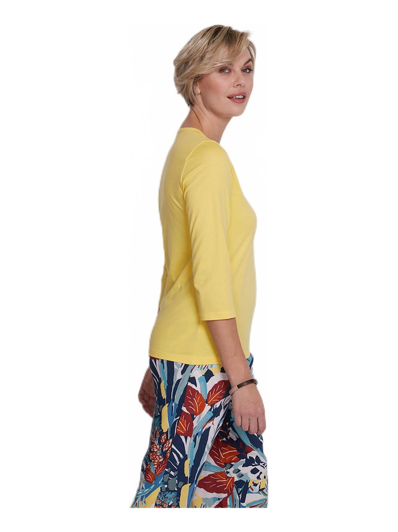 T-shirt manches 3/4 col brodé clouté Jaune - Kiabi