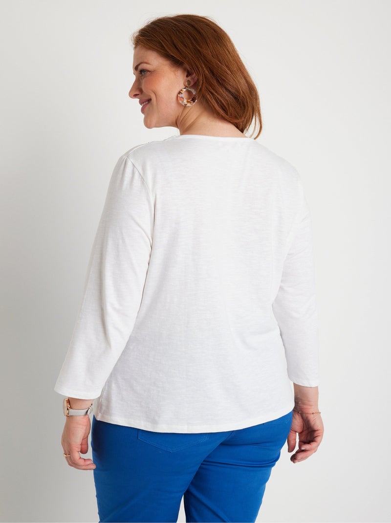 T-shirt manches 3/4 coton et macramé Blanc - Kiabi