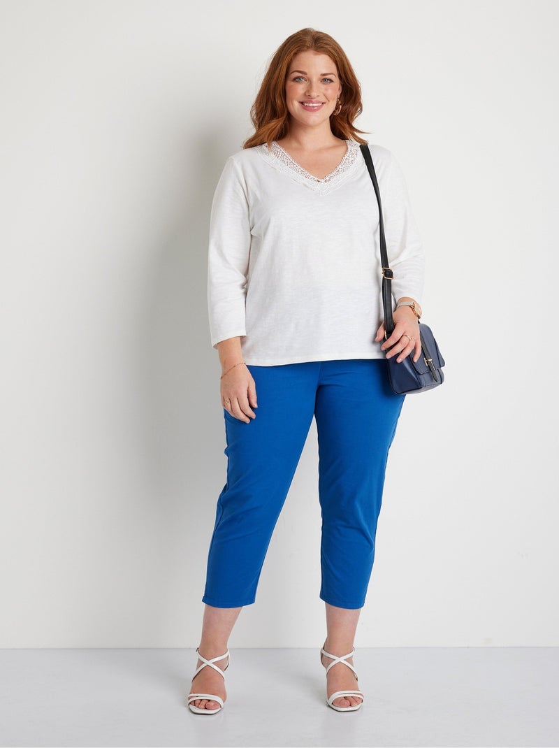 T-shirt manches 3/4 coton et macramé Blanc - Kiabi