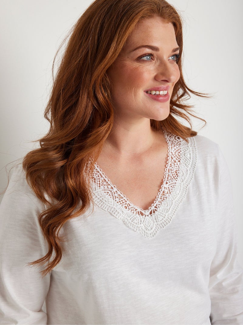 T-shirt manches 3/4 coton et macramé Blanc - Kiabi