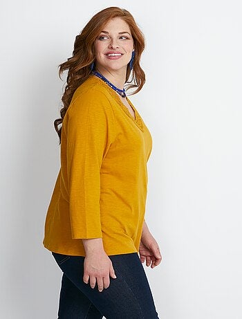 T-shirt manches 3/4 coton et macramé