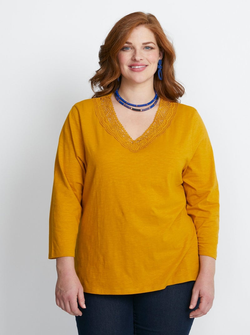 T-shirt manches 3/4 coton et macramé Jaune - Kiabi