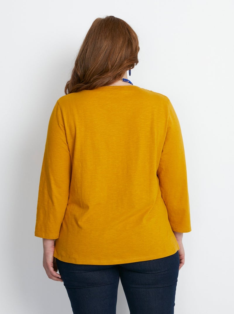 T-shirt manches 3/4 coton et macramé Jaune - Kiabi