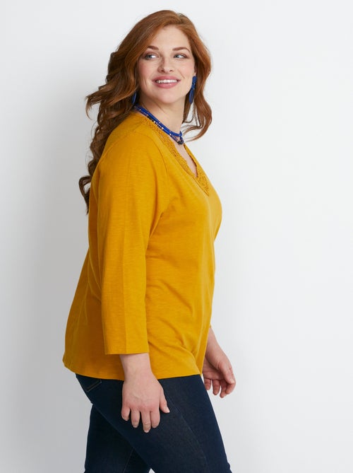 T-shirt manches 3/4 coton et macramé - Kiabi