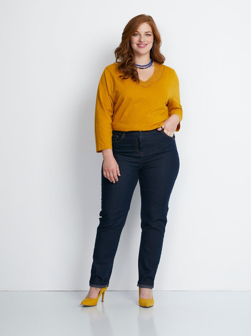 T-shirt manches 3/4 coton et macramé Jaune - Kiabi