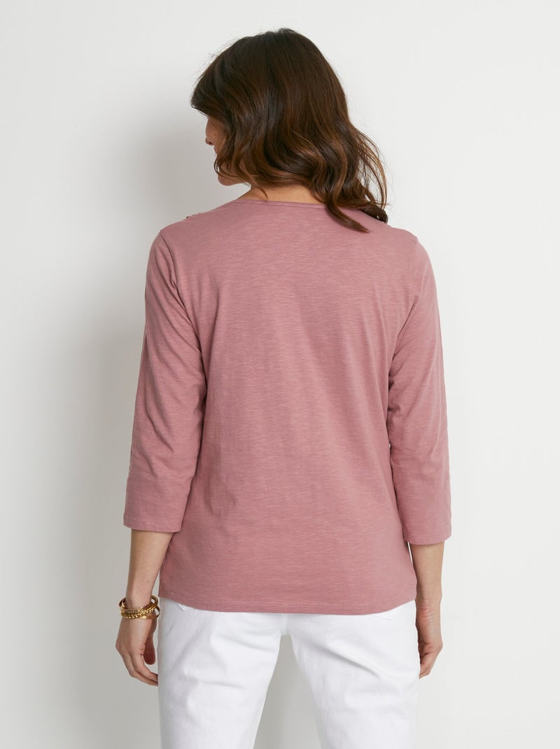 T-shirt manches 3/4 coton et macramé Rose - Kiabi