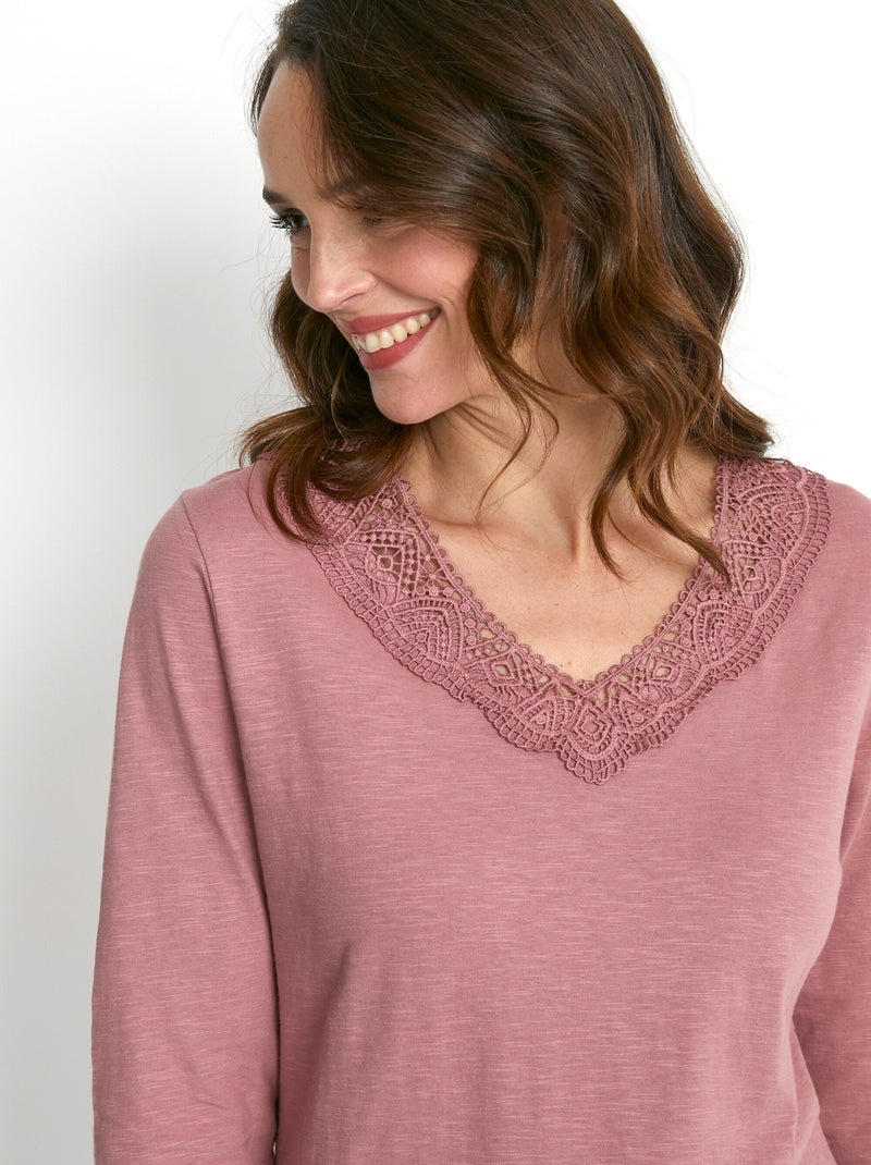 T-shirt manches 3/4 coton et macramé Rose - Kiabi