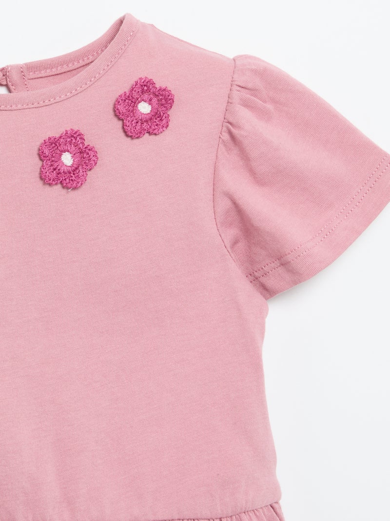 T-shirt manches courtes avec broderies et base volantée Rose - Kiabi