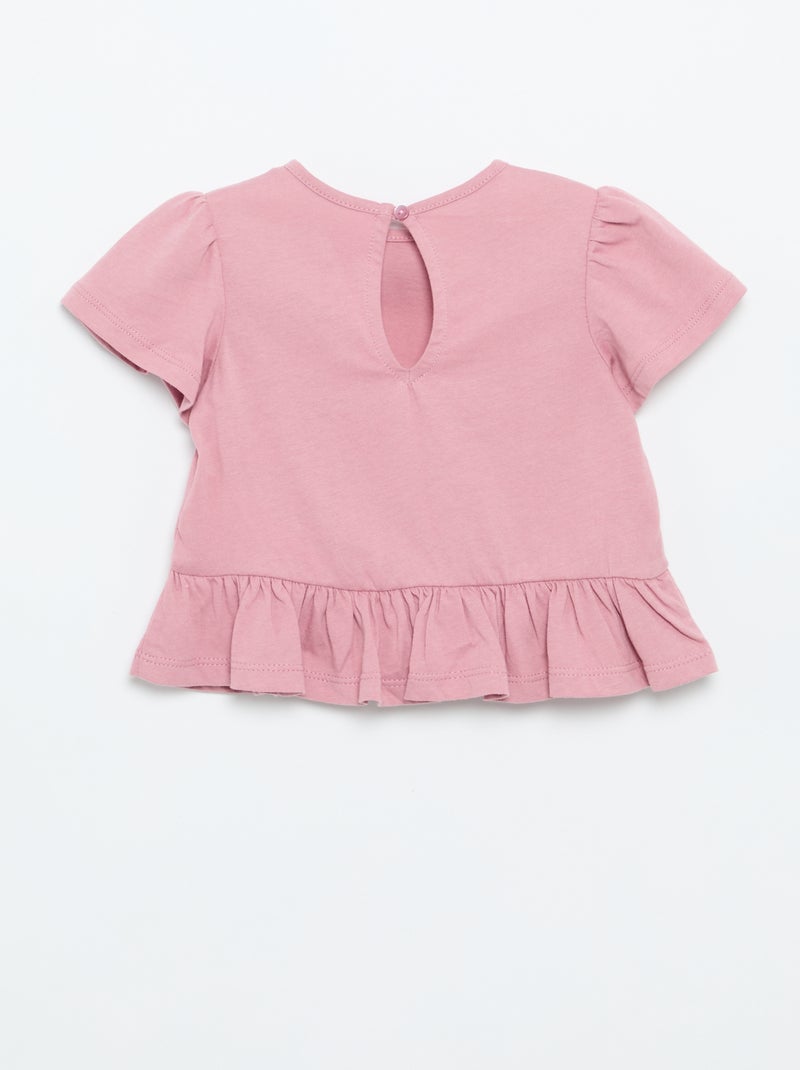 T-shirt manches courtes avec broderies et base volantée Rose - Kiabi