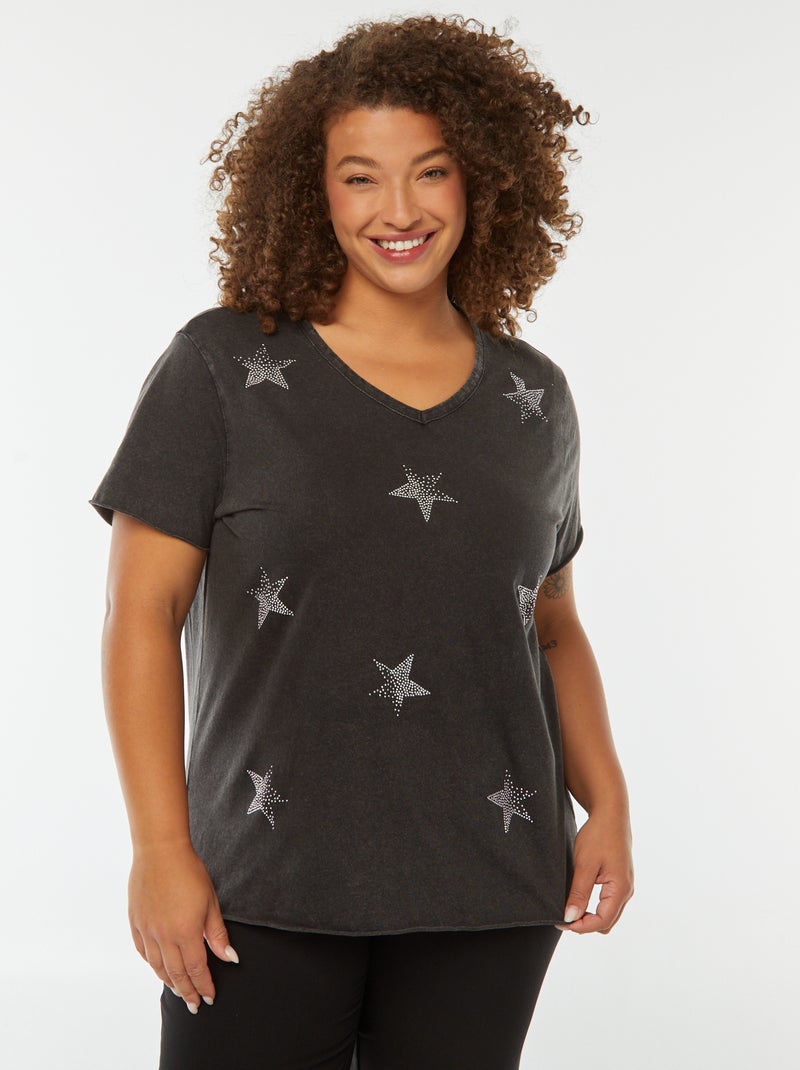 T-shirt manches courtes avec étoiles à strass noir - Kiabi