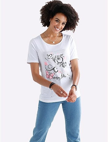 T-shirt manches courtes avec motifs papillons et brillance - Taille standard - Moda Vilona