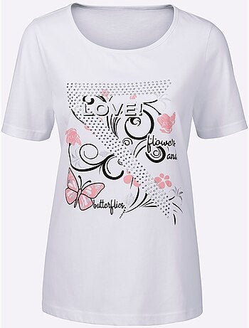 T-shirt manches courtes avec motifs papillons et brillance - Taille standard - Moda Vilona