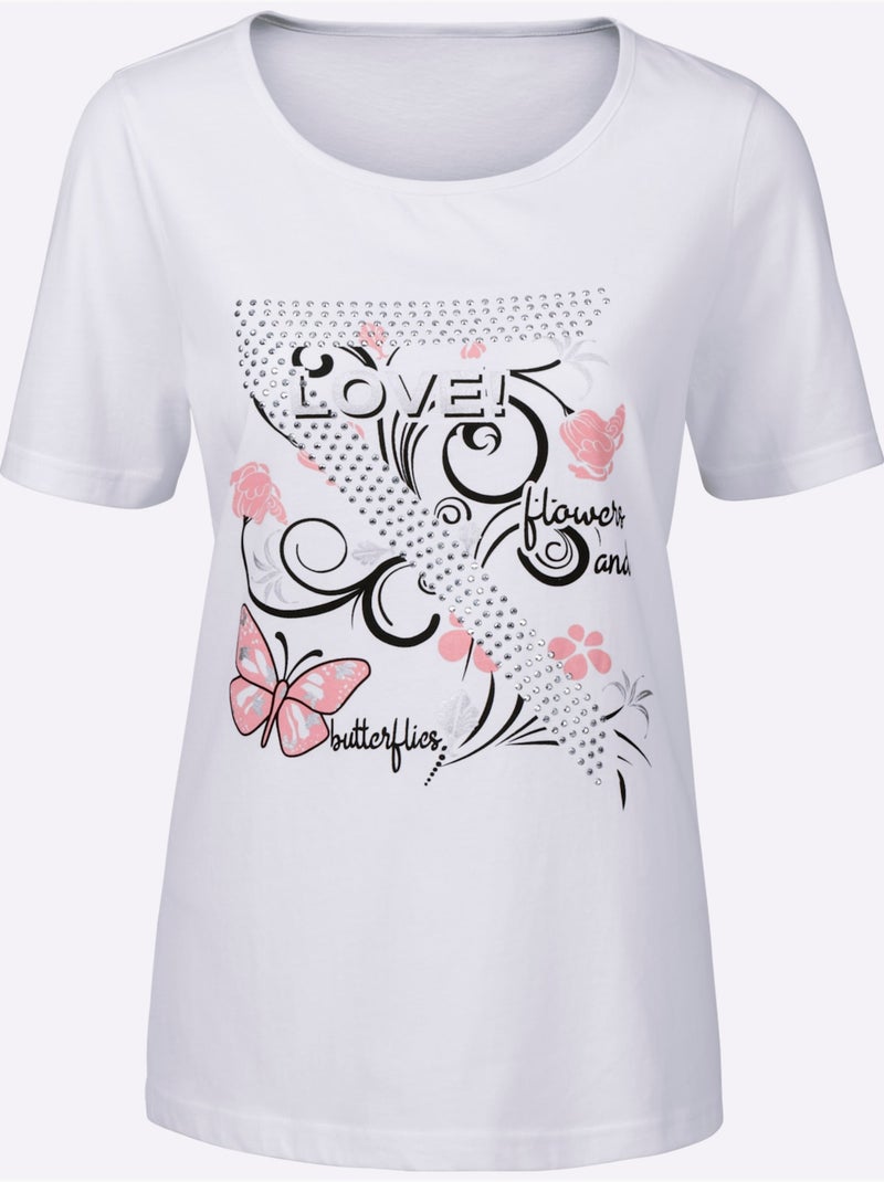 T-shirt manches courtes avec motifs papillons et brillance - Taille standard - Moda Vilona Blanc - Kiabi