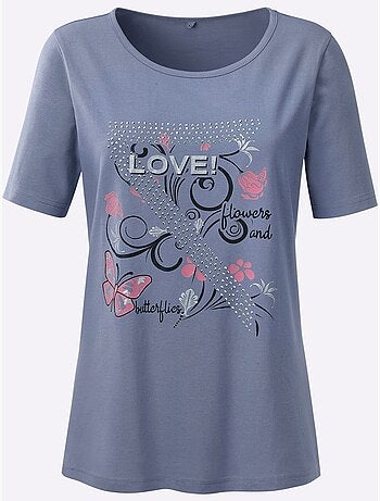 T-shirt manches courtes avec motifs papillons et brillance - Taille standard - Moda Vilona