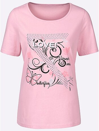T-shirt manches courtes avec motifs papillons et brillance - Taille standard - Moda Vilona