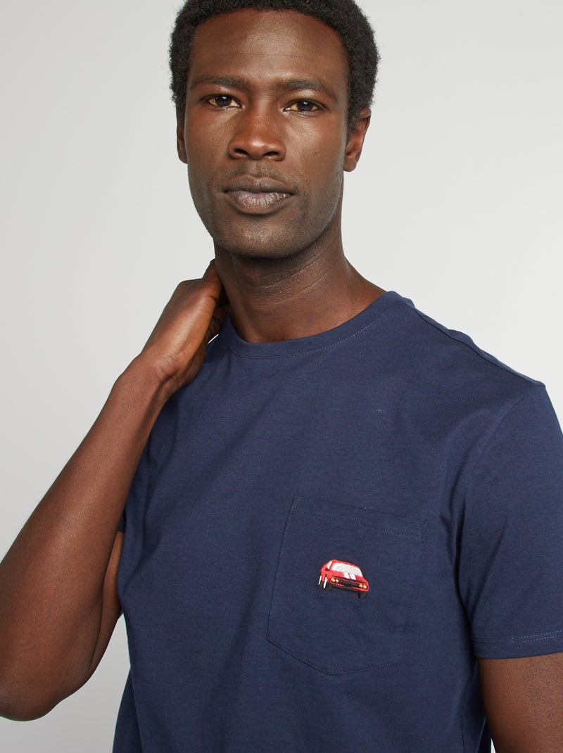 T-shirt manches courtes avec poche poitrine et broderie Bleu - Kiabi