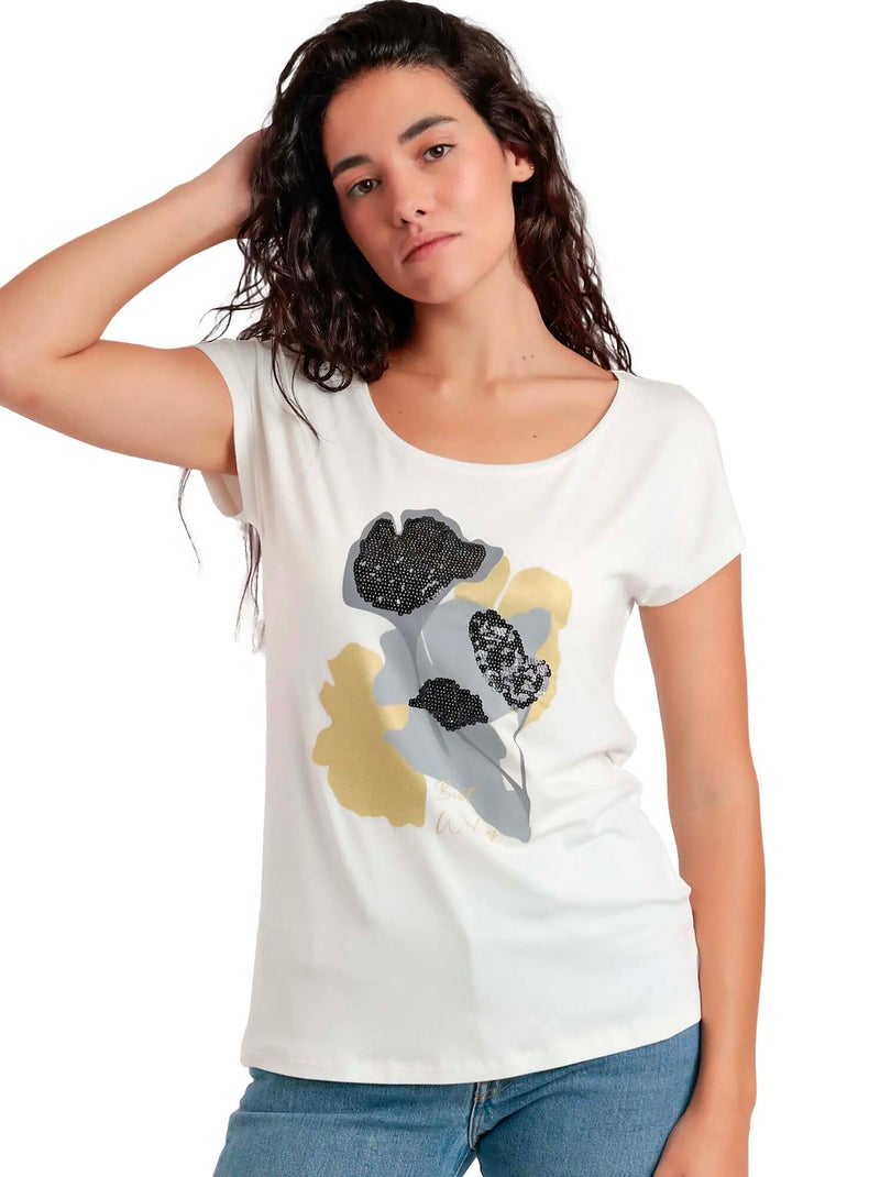 T-shirt manches courtes Best Wishes Ecru - Kiabi