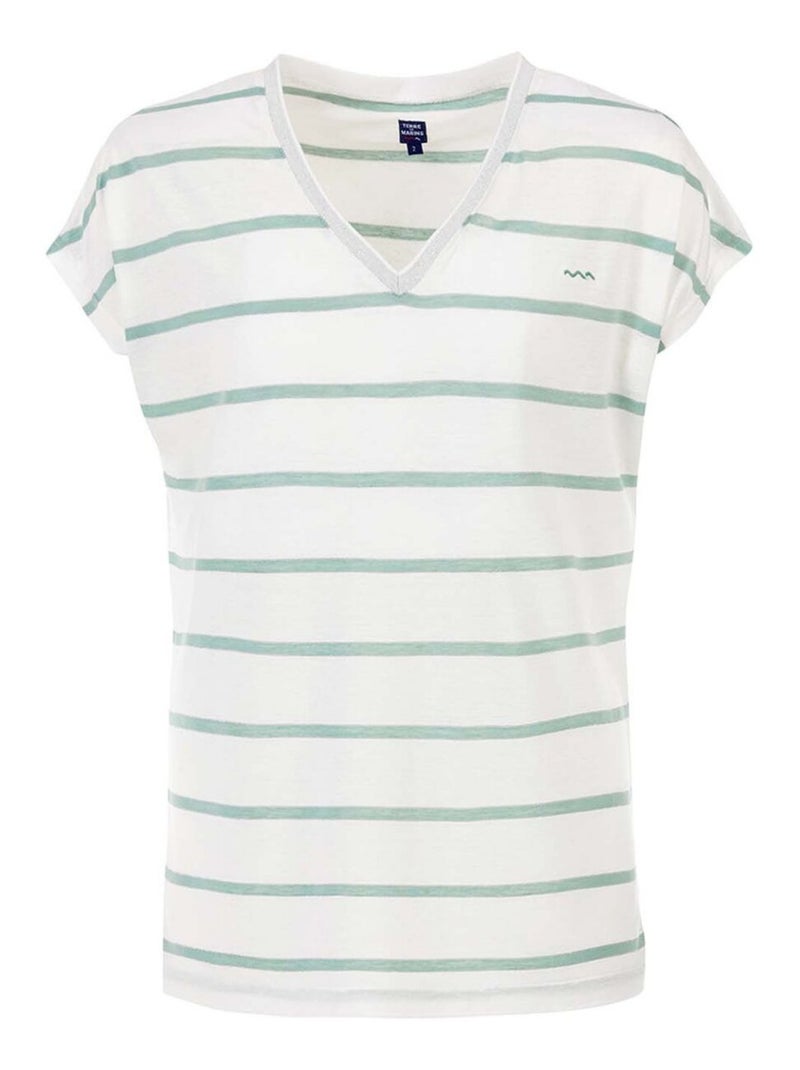 T-shirt manches courtes blanc rayé vert clair Femme - Terre de Marins Multicolore - Kiabi