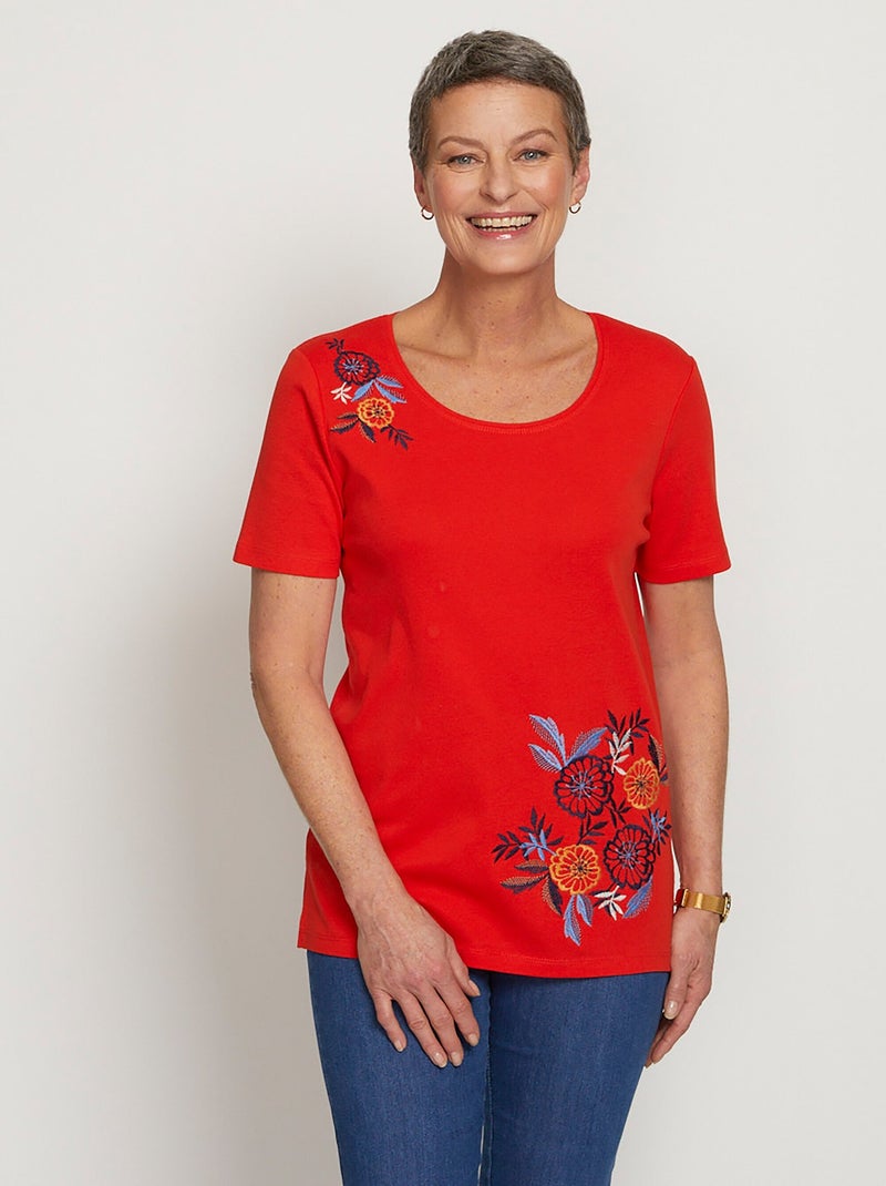 T-shirt manches courtes brodé ou imprimé Orange corail - Kiabi