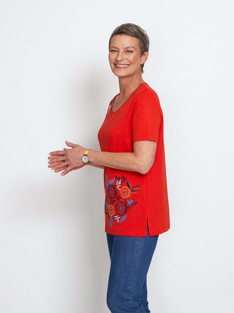 T-shirt manches courtes brodé ou imprimé Orange corail - Kiabi