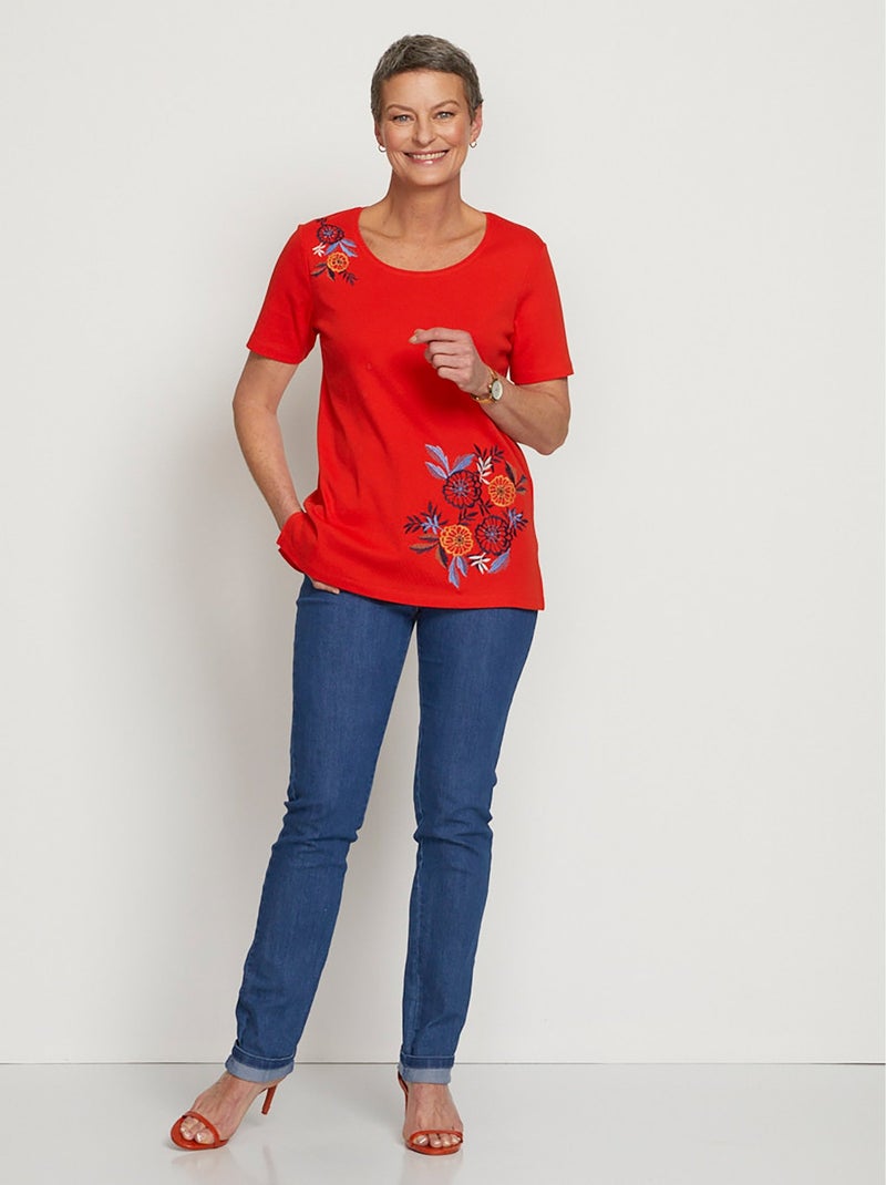 T-shirt manches courtes brodé ou imprimé Orange corail - Kiabi