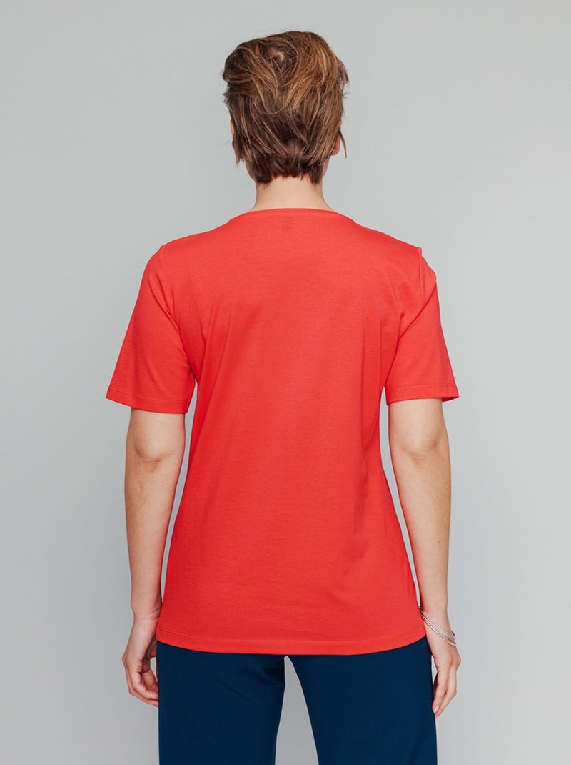 T-shirt manches courtes col brodé clouté Rouge - Kiabi