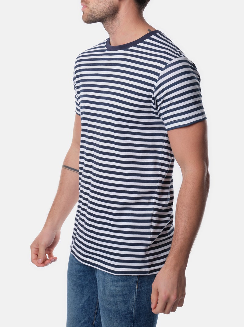 T-shirt manches courtes col rond à rayure Bleu marine - Kiabi