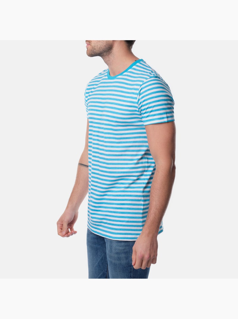 T-shirt manches courtes col rond à rayure Bleu turquoise - Kiabi