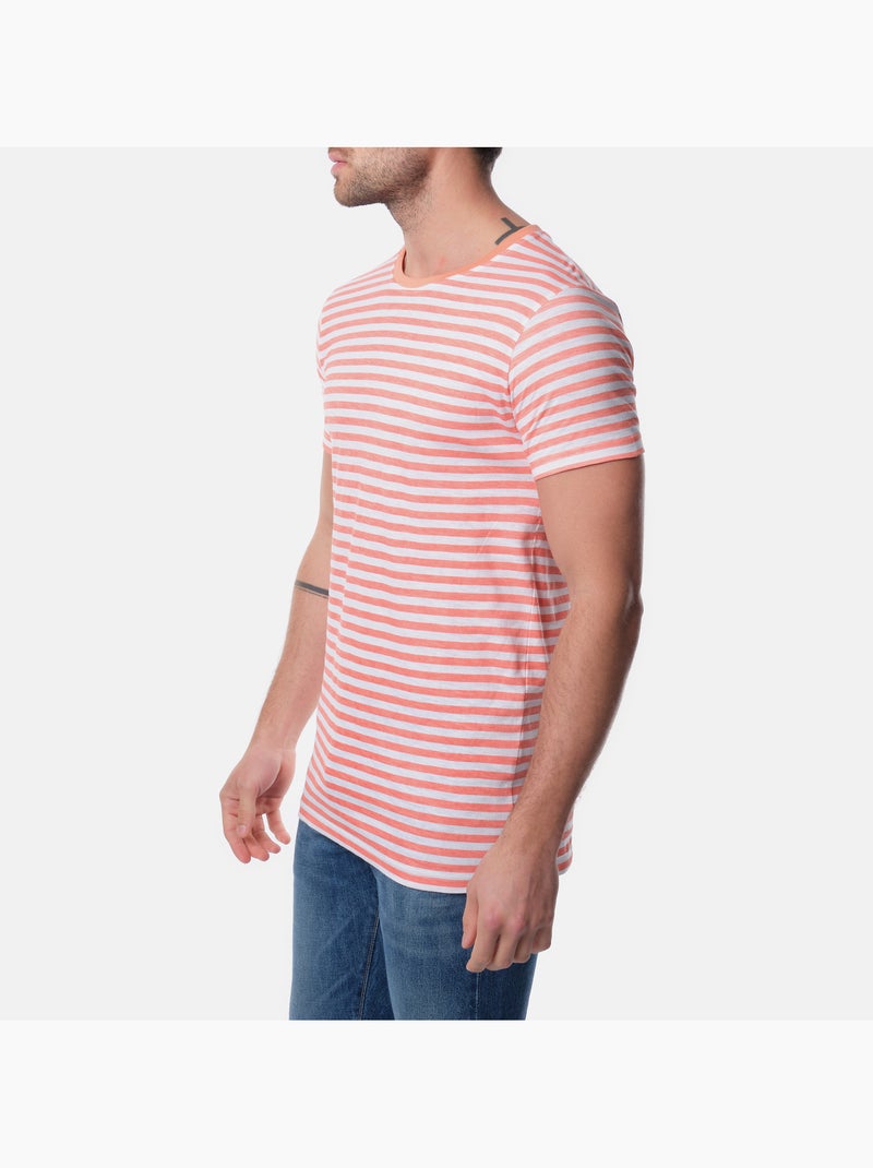 T-shirt manches courtes col rond à rayure Orange corail - Kiabi