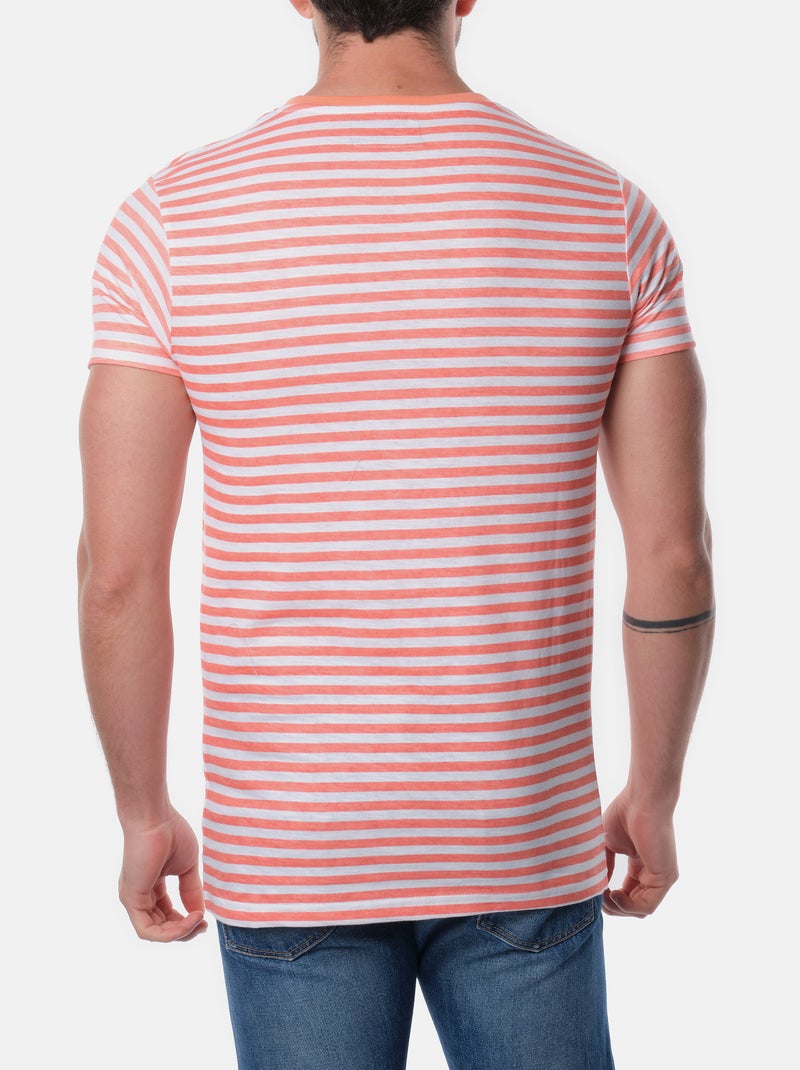 T-shirt manches courtes col rond à rayure Orange corail - Kiabi