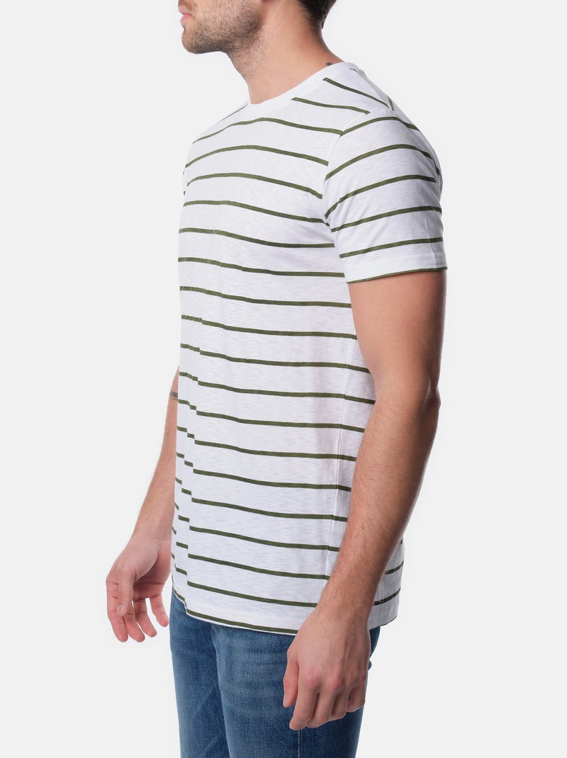 T-shirt manches courtes col rond à rayures Kaki - Kiabi
