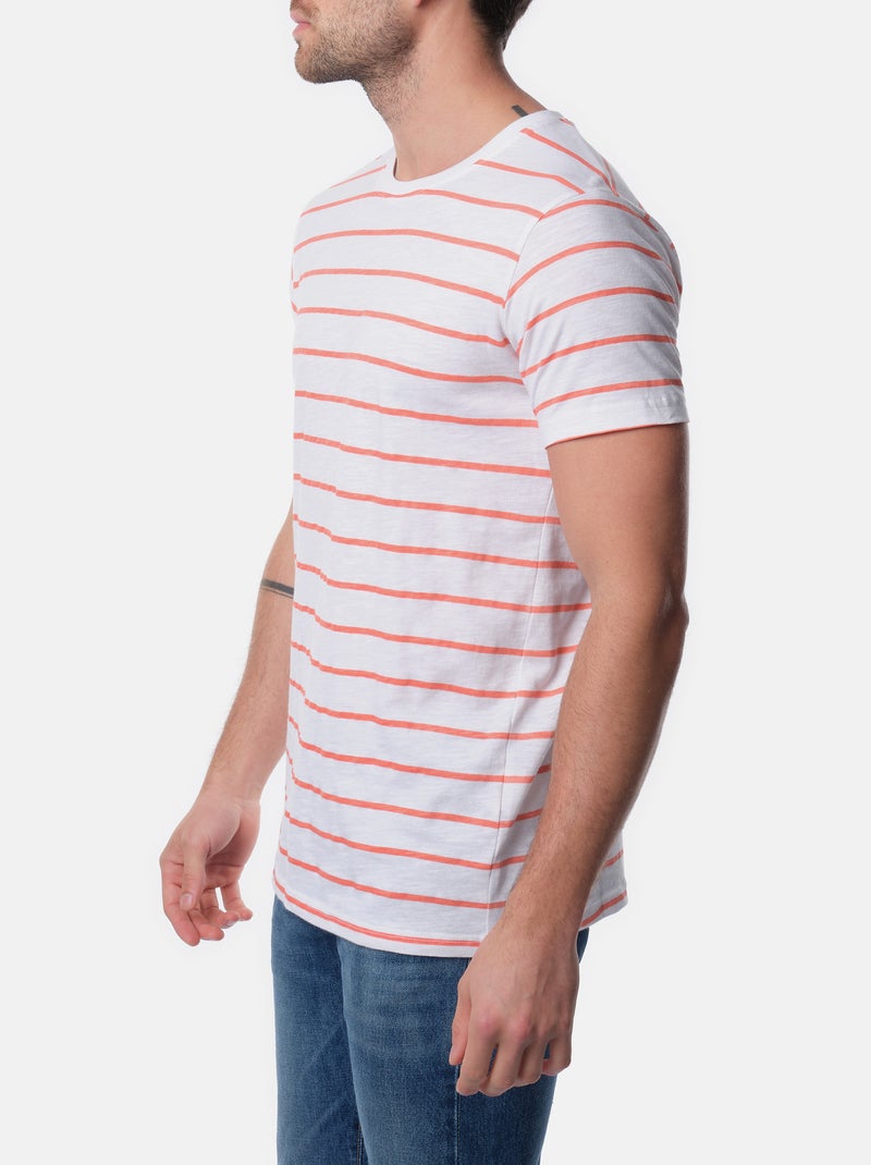 T-shirt manches courtes col rond à rayures Orange corail - Kiabi