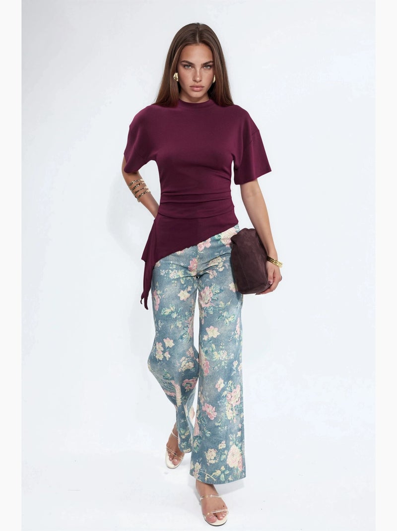 T-shirt manches courtes col rond ample drapé busem Rouge bordeaux - Kiabi