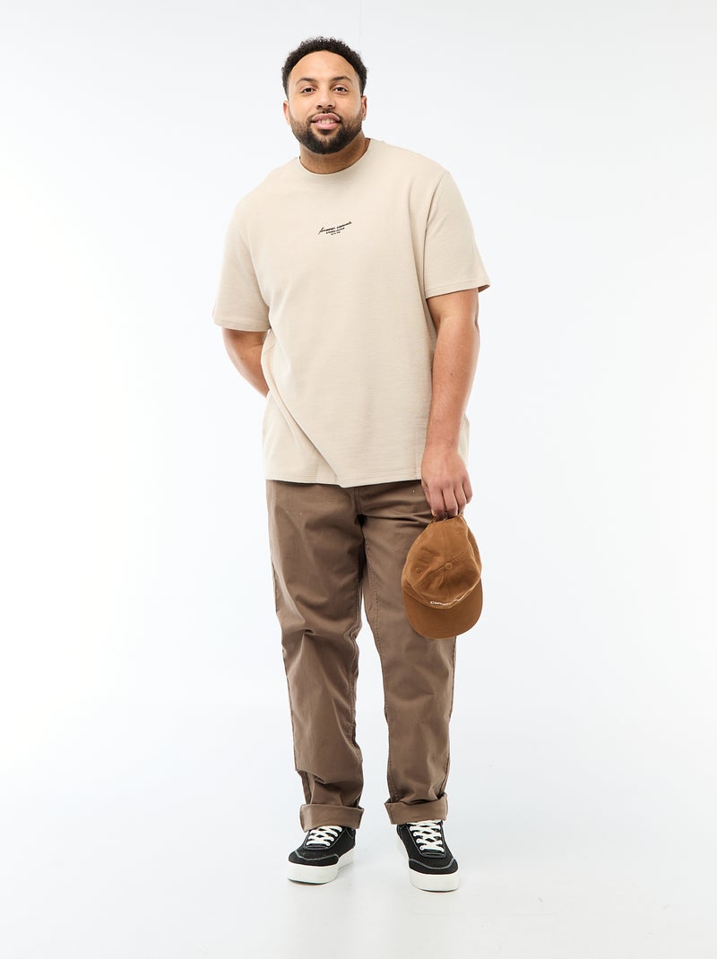 T-shirt manches courtes col rond en jacquard coton Beige - Kiabi