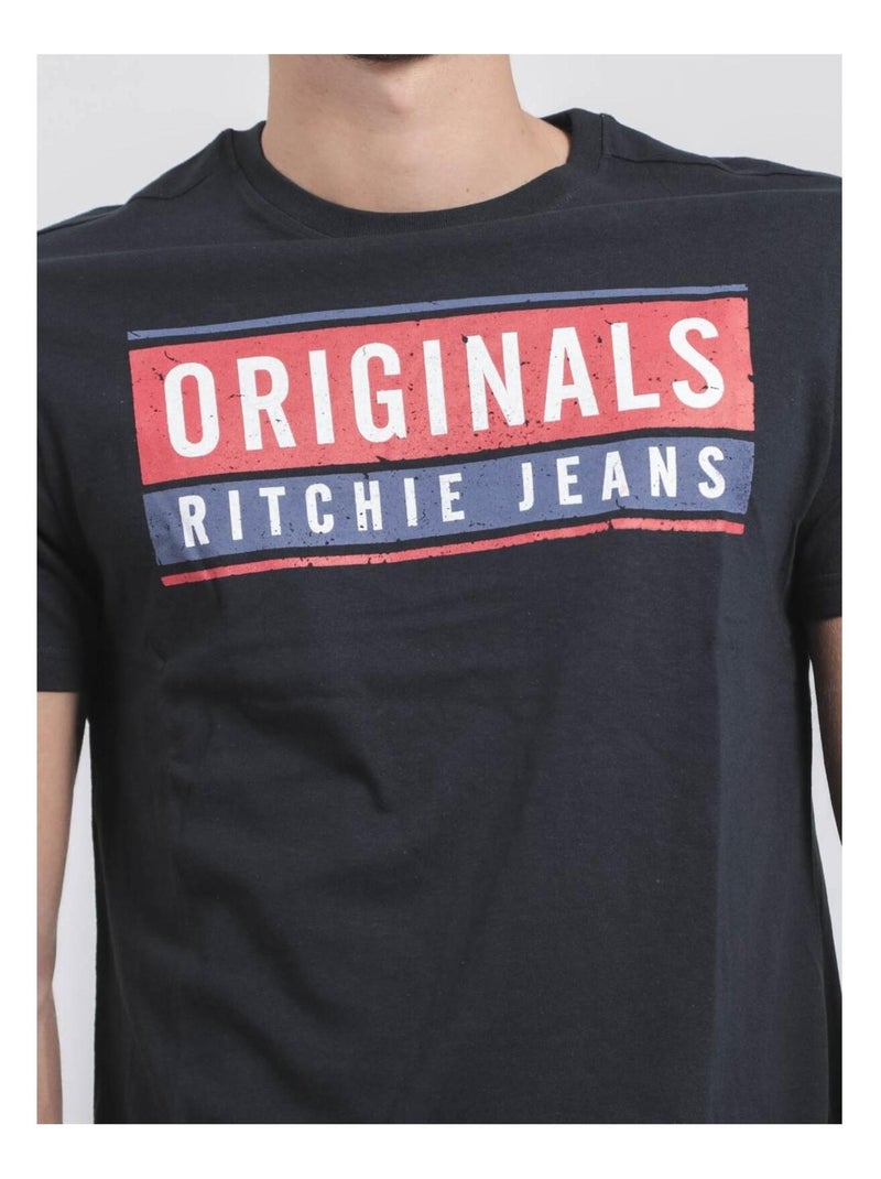 T-shirt manches courtes col rond pur coton JANVILLE Bleu marine - Kiabi