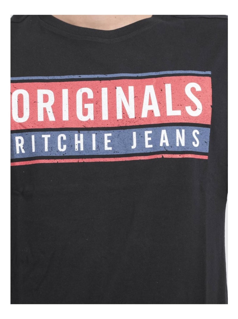 T-shirt manches courtes col rond pur coton JANVILLE Noir - Kiabi