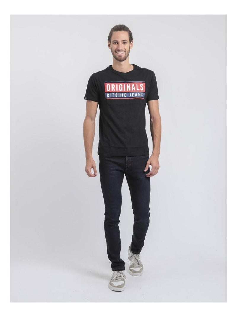 T-shirt manches courtes col rond pur coton JANVILLE Noir - Kiabi