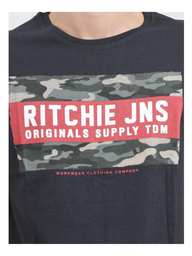 T-shirt manches courtes col rond pur coton JARDIN Bleu marine - Kiabi