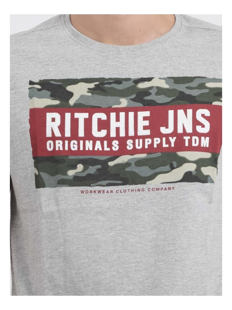 T-shirt manches courtes col rond pur coton JARDIN Gris chiné - Kiabi