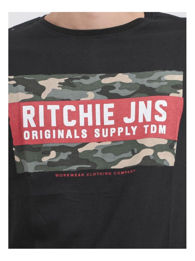 T-shirt manches courtes col rond pur coton JARDIN Noir - Kiabi