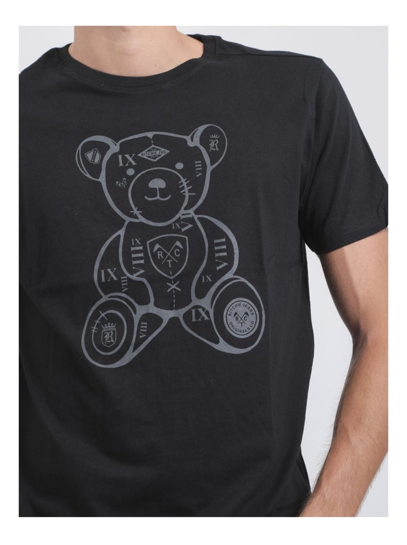 T-shirt manches courtes col rond pur coton JIBIDEL Noir - Kiabi