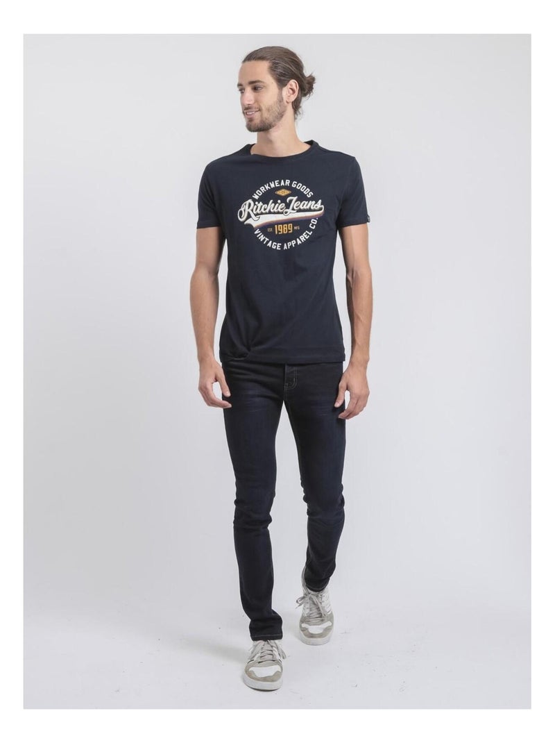 T-shirt manches courtes col rond pur coton JONAK Bleu marine - Kiabi