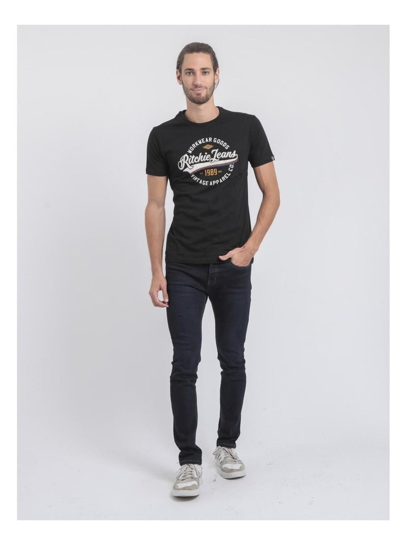T-shirt manches courtes col rond pur coton JONAK Noir - Kiabi