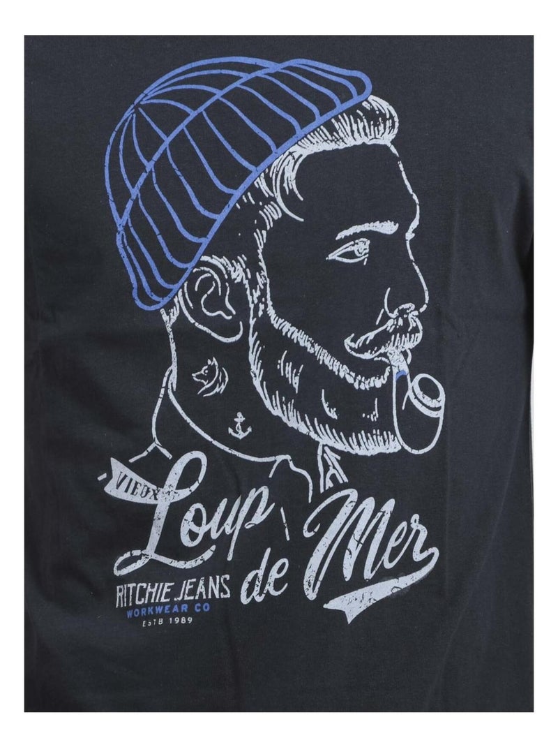 T-shirt manches courtes col rond pur coton JOUANCY Bleu marine - Kiabi
