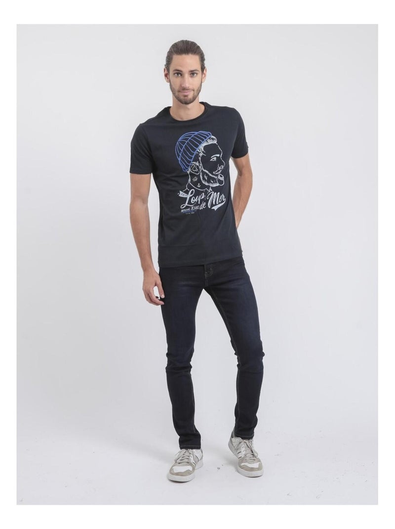 T-shirt manches courtes col rond pur coton JOUANCY Bleu marine - Kiabi