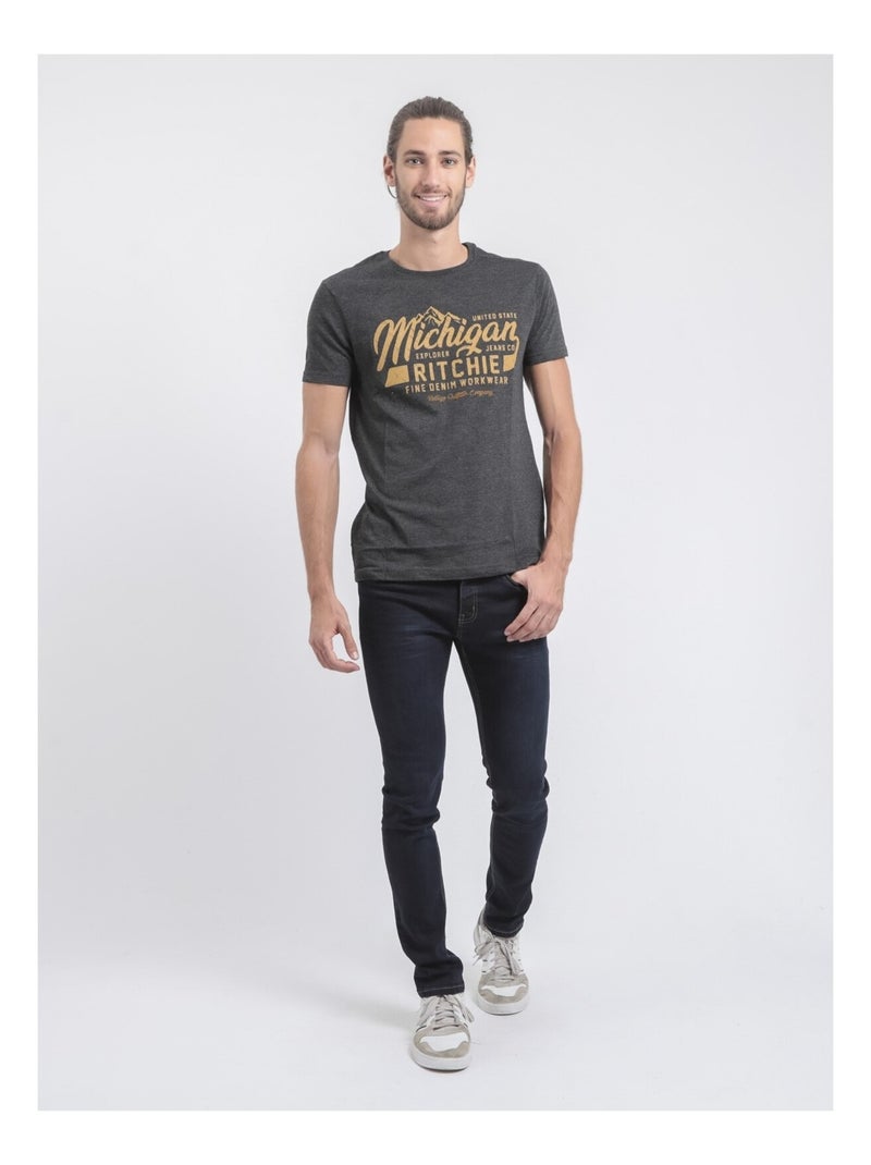 T-shirt manches courtes col rond pur coton JOULTIX gris anthracite - Kiabi