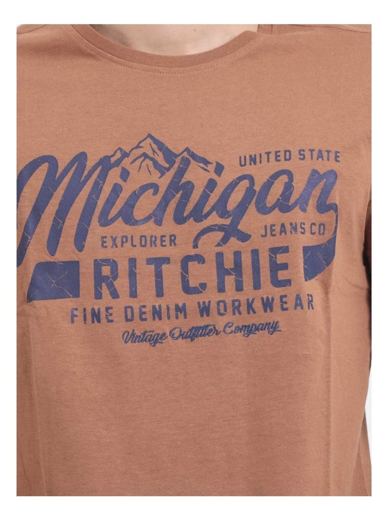 T-shirt manches courtes col rond pur coton JOULTIX Marron glacé - Kiabi