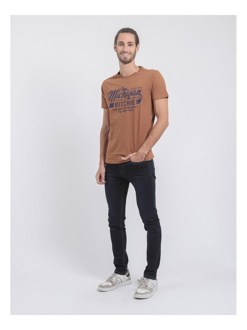 T-shirt manches courtes col rond pur coton JOULTIX Marron glacé - Kiabi