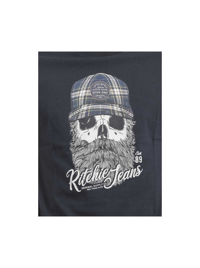 T-shirt manches courtes col rond pur coton JUMAX Bleu marine - Kiabi